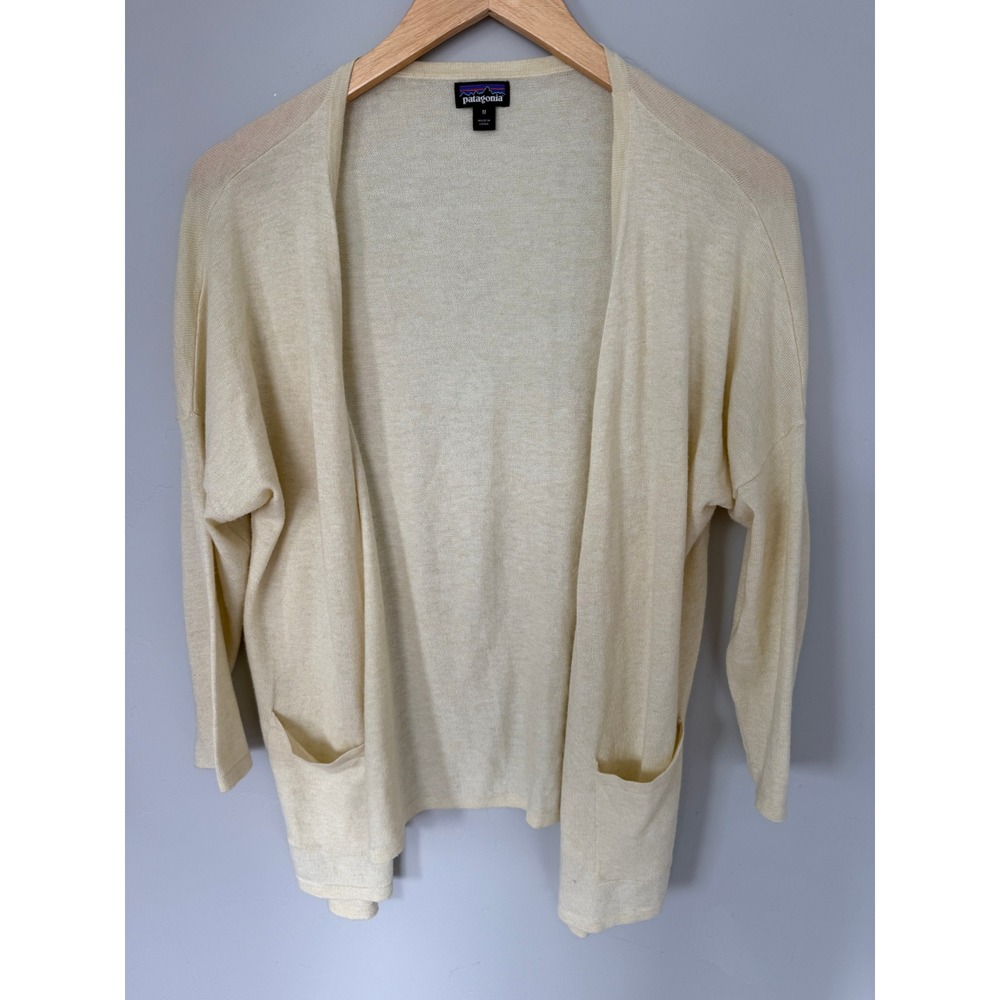 Patagonia Womens Cream Open Front Knit Cardigan Sweater Pockets Size M